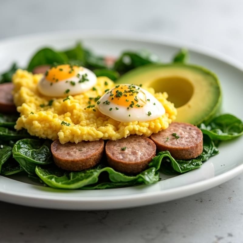 Egg White and Turkey Sausage Scramble with Sautéed Spinach