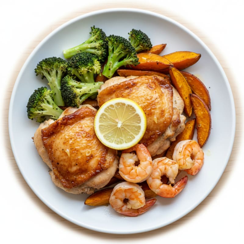 Seared Chicken Thighs with Roasted Broccoli and Sweet Potato