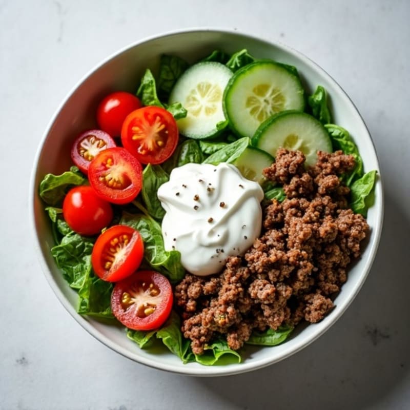 Savory Ground Beef and Crisp Greens Bowl with Creamy Tangy Dressing