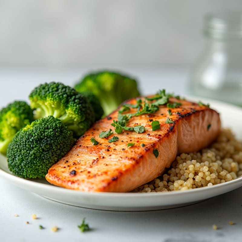 Grilled Salmon Fillet with Quinoa and Steamed Broccoli