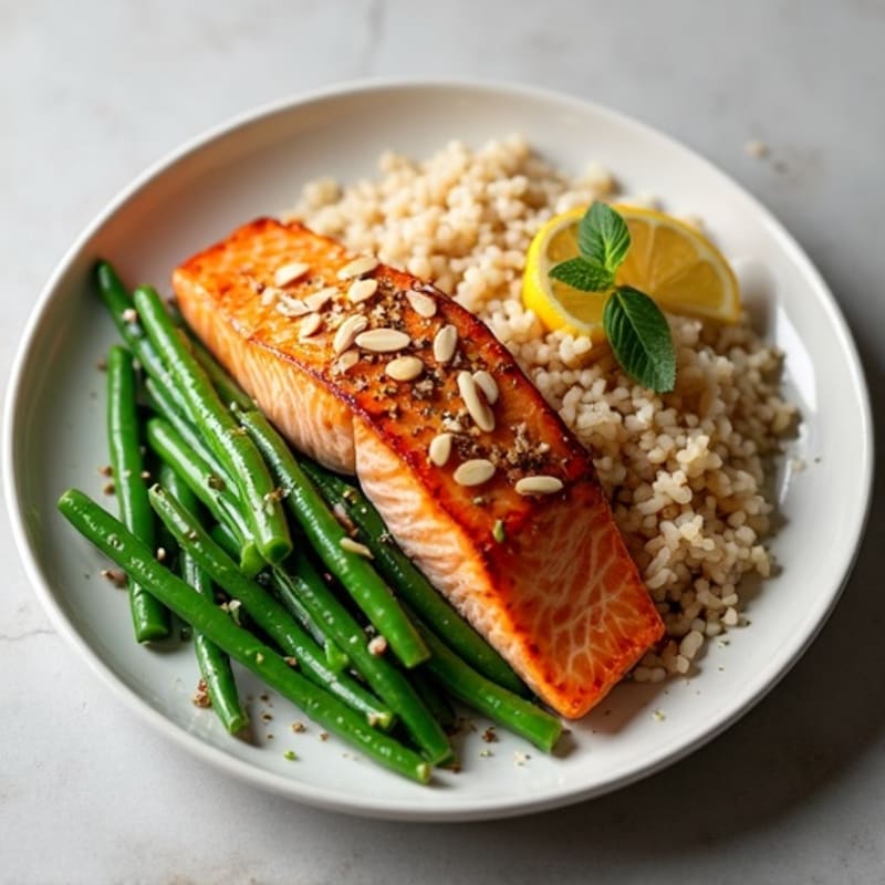 Seared Salmon Fillet with Garlic Green Beans and Brown Rice