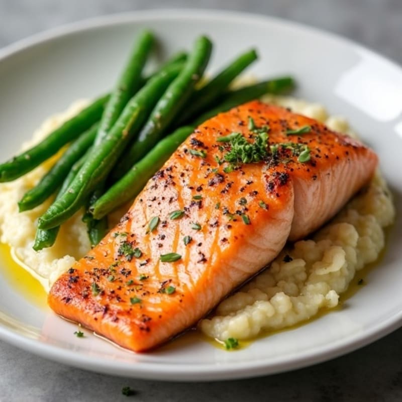 Seared Salmon Fillet with Garlic Green Beans and Cauliflower Mash