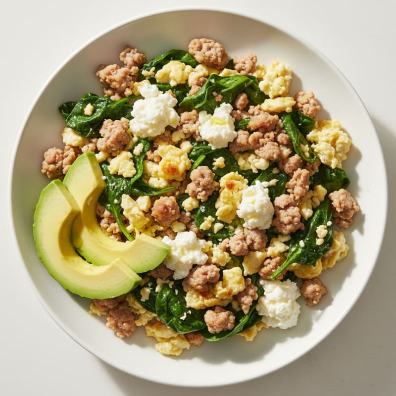 Egg White and Turkey Sausage Scramble with Cottage Cheese and Spinach