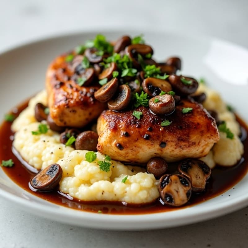 Chicken Thighs with Rich Balsamic Mushroom Sauce and Creamy Cauliflower Mash