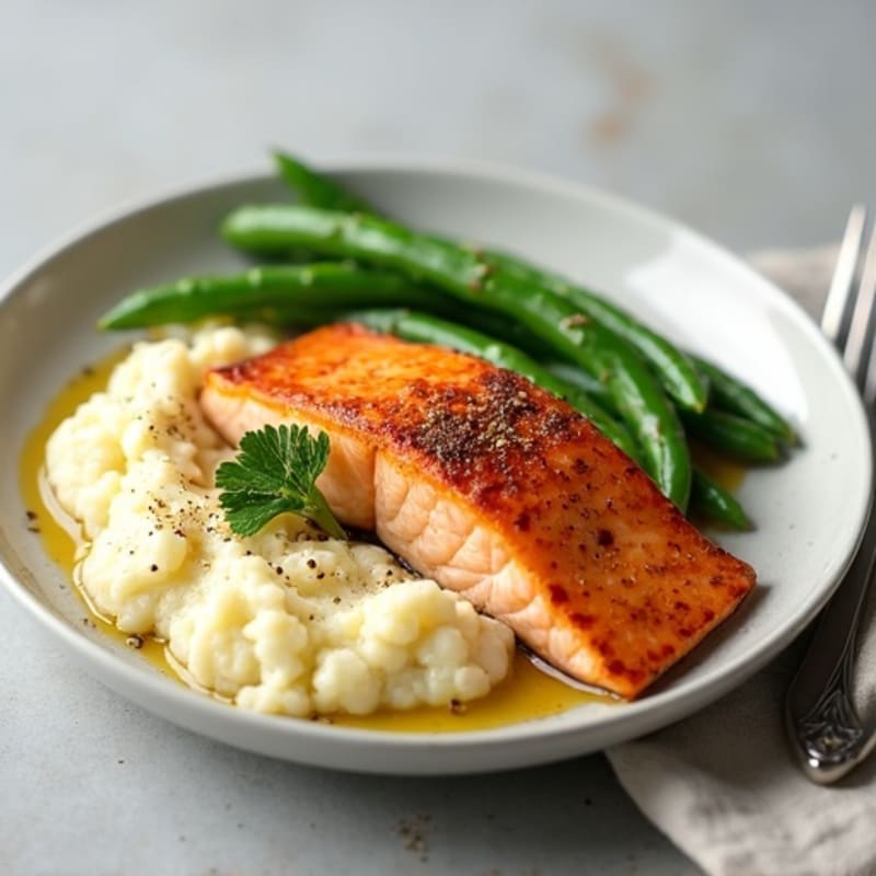 Seared Salmon with Steamed Green Beans and Cauliflower Mash