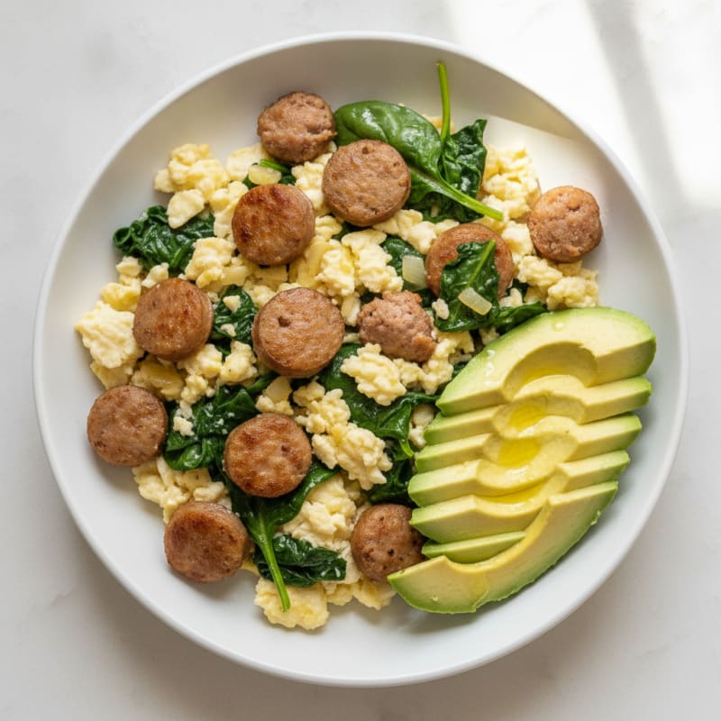 Scrambled Egg Whites with Sautéed Spinach and Turkey Sausage