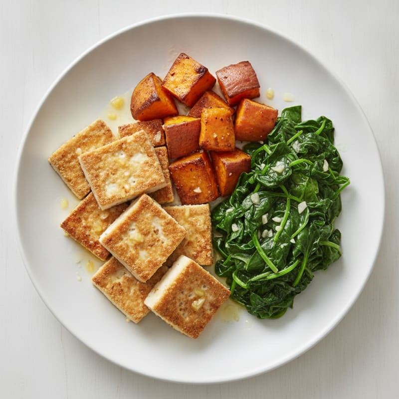Pan-Seared Tofu with Roasted Sweet Potatoes and Sautéed Spinach