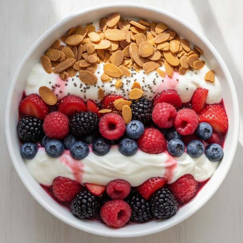 Greek Yogurt Protein Parfait with Mixed Berries and Almonds