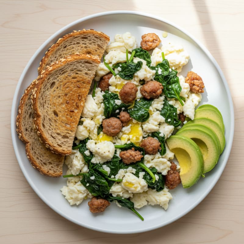 Egg White Scramble with Turkey Sausage and Sautéed Spinach