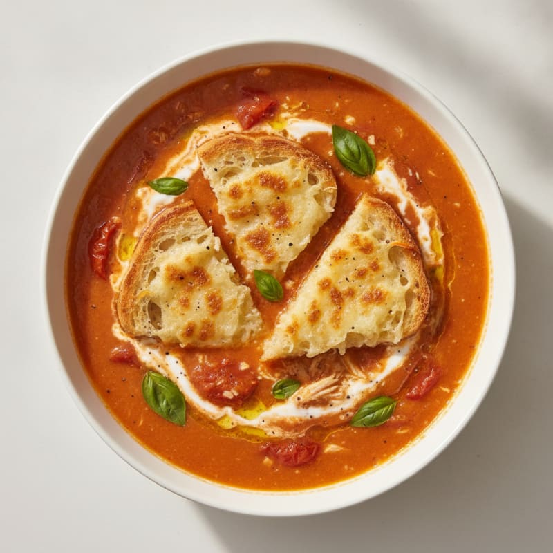 Roasted Tomato Basil Soup with Parmesan Crostini