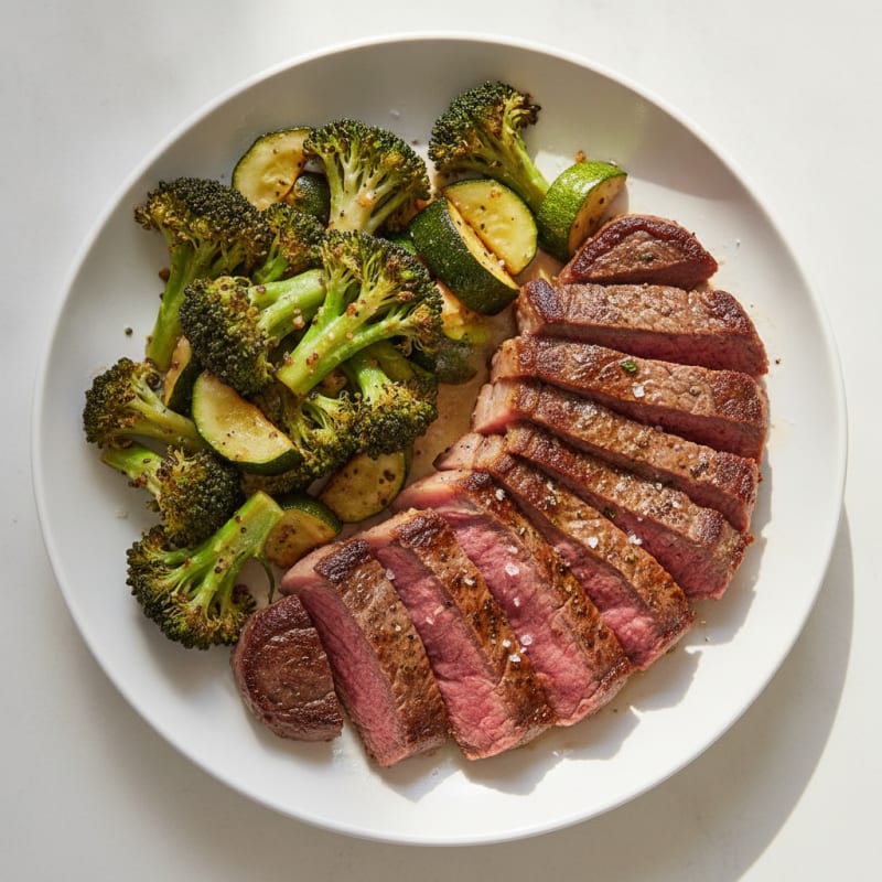 Seared Steak with Roasted Broccoli and Zucchini