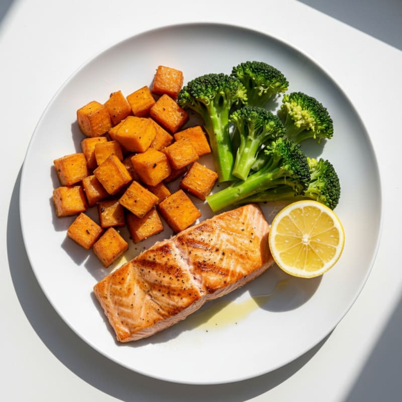 Seared Salmon with Roasted Sweet Potato and Steamed Broccoli