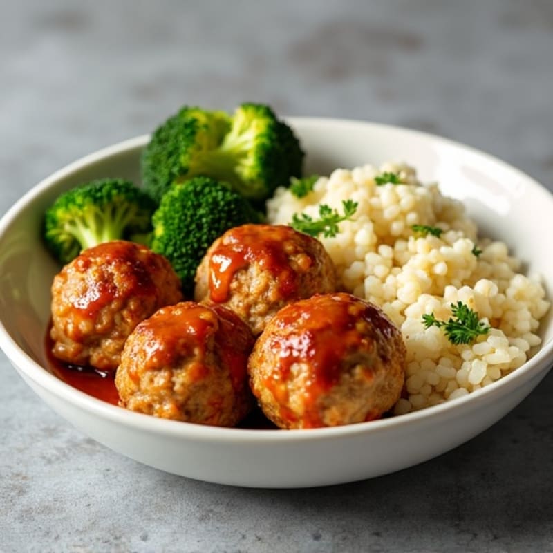 Spicy Gochujang Glazed Turkey Meatballs with Roasted Broccoli and Creamy Cauliflower Rice