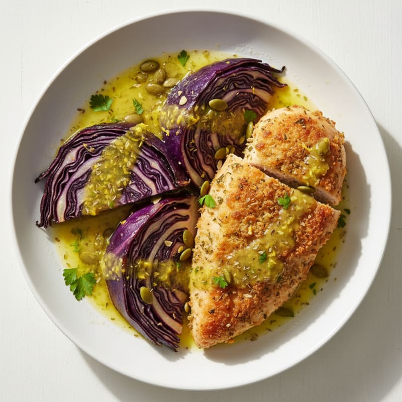 Roasted Purple Cabbage with Herb-Crusted Chicken