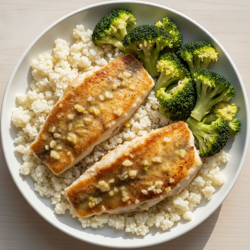 Seared Lemon Garlic Tilapia with Steamed Broccoli and Cauliflower Rice