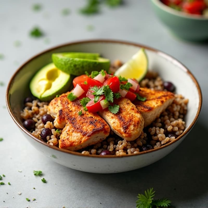 Spiced Chicken and Black Bean Rice Bowl with Fresh Salsa and Creamy Avocado
