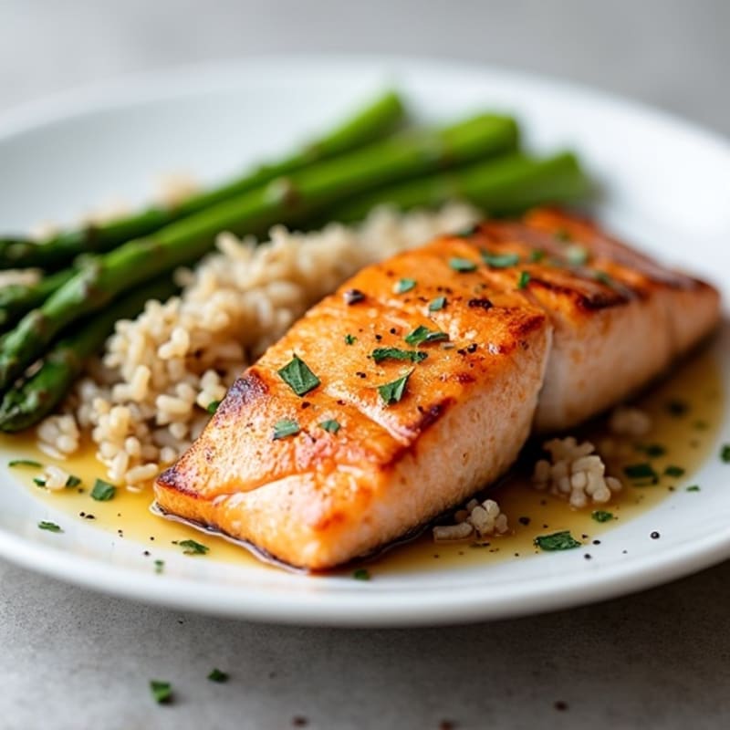 Seared Salmon with Steamed Asparagus and Brown Rice