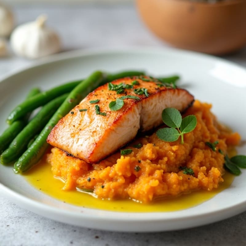 Seared Salmon with Garlic Green Beans and Sweet Potato Mash