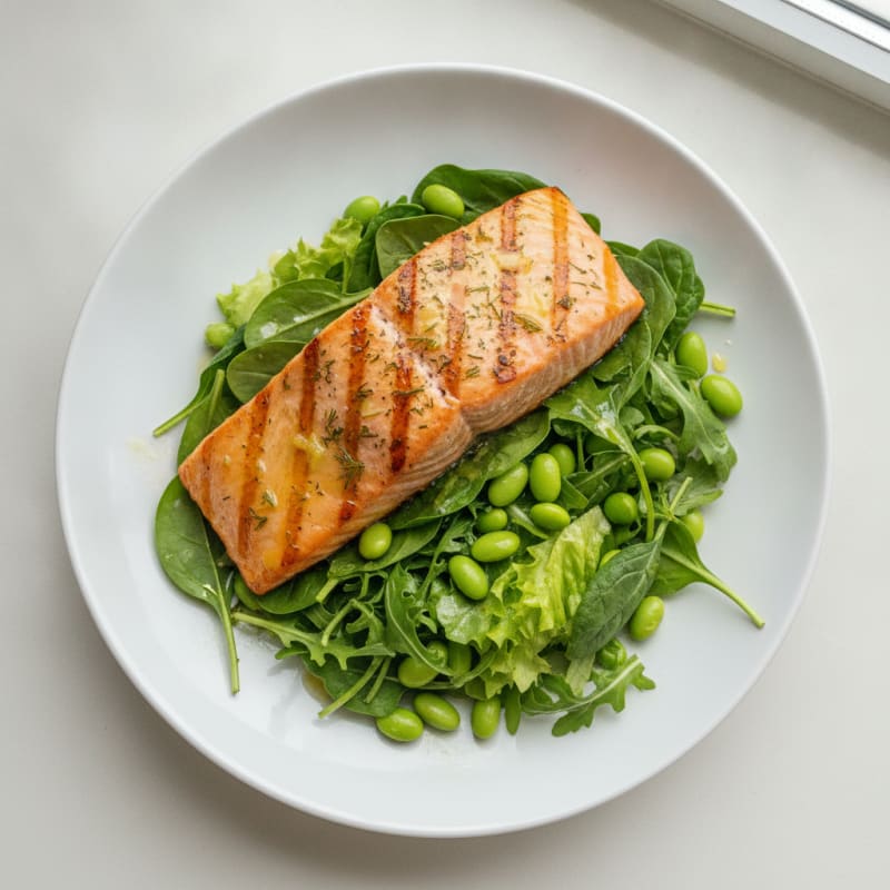 Grilled Lemon-Herb Salmon with Crisp Mixed Greens and Edamame