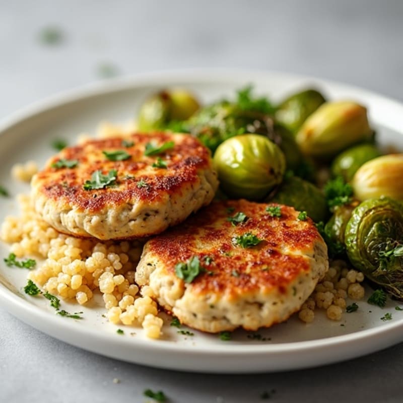 Garlic-Herb Turkey Patties with Crispy Roasted Brussels Sprouts and Fluffy Quinoa