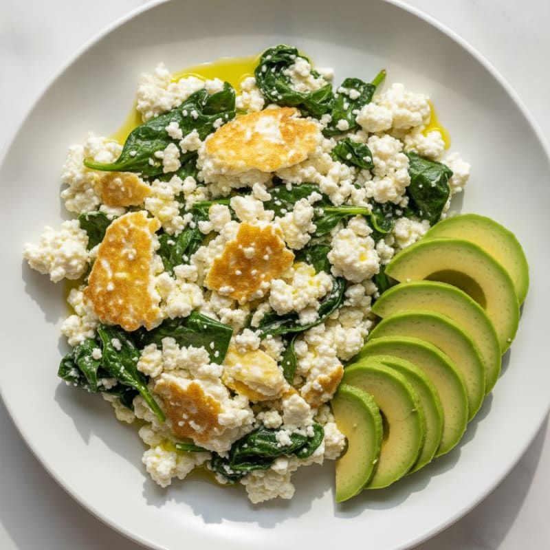 Cottage Cheese and Egg White Scramble with Sautéed Spinach