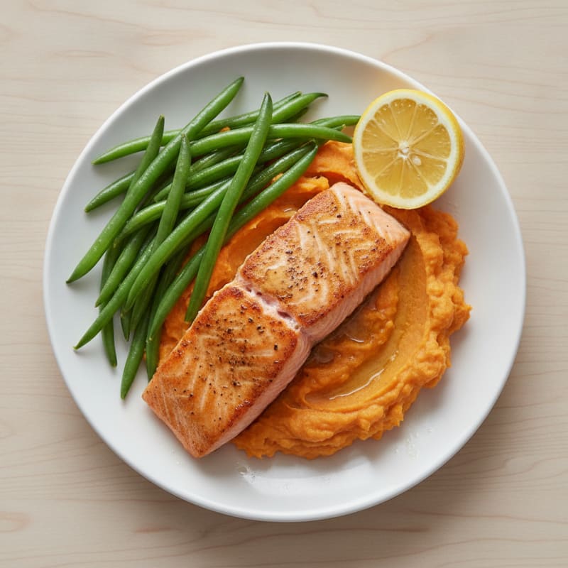 Seared Salmon Fillet with Steamed Green Beans and Sweet Potato Mash