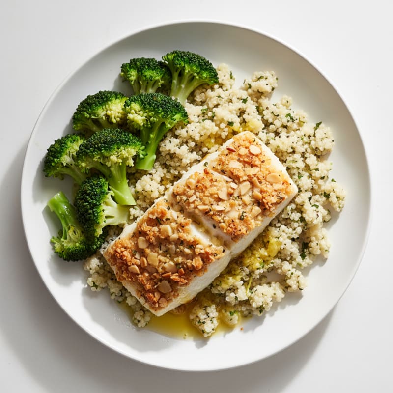 Crispy Baked Cod with Steamed Broccoli and Quinoa