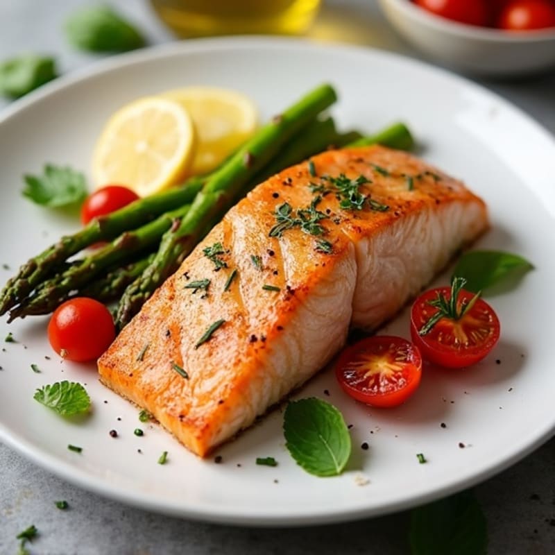 Lemon-Herb Roasted Salmon with Crispy Asparagus and Cherry Tomatoes