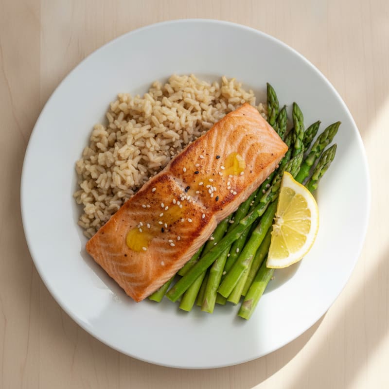 Seared Salmon with Steamed Asparagus and Brown Rice