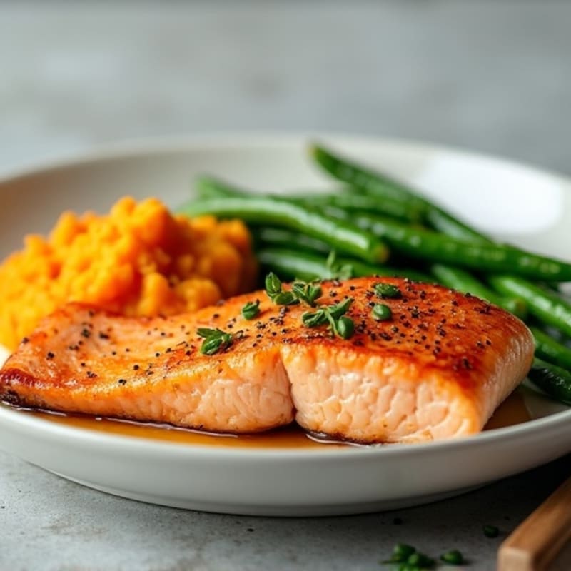 Seared Salmon with Steamed Green Beans and Sweet Potato Mash