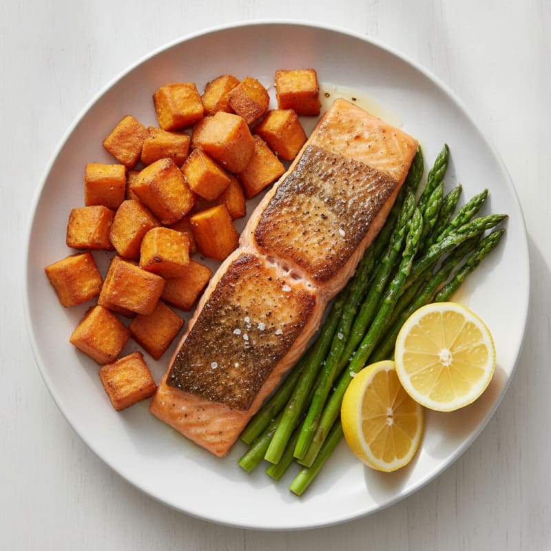 Seared Salmon with Roasted Sweet Potato and Asparagus