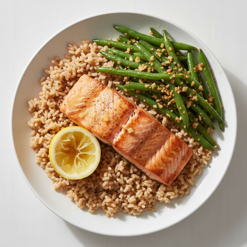 Seared Salmon with Garlic Green Beans and Brown Rice