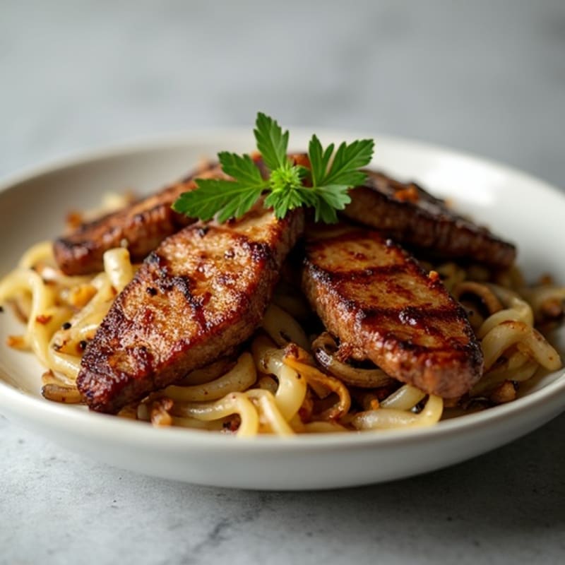 Lean Garlic Tri-Tip Bites with Caramelized Onions and Mushrooms