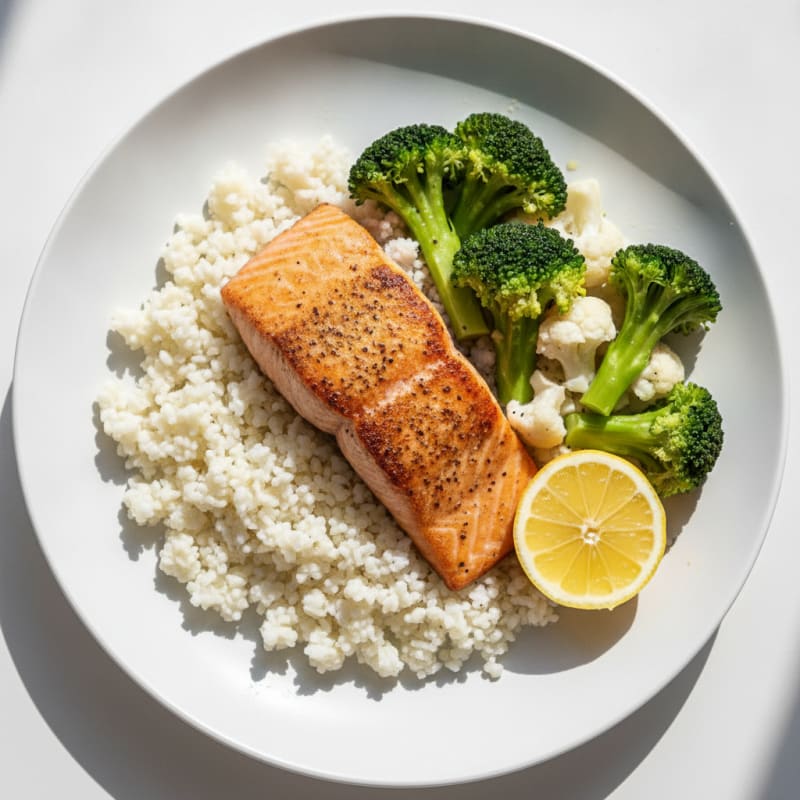Seared Salmon with Steamed Broccoli and Cauliflower Rice