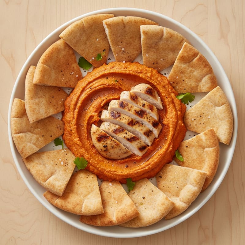 Roasted Red Pepper Hummus with Toasted Pita and Grilled Chicken