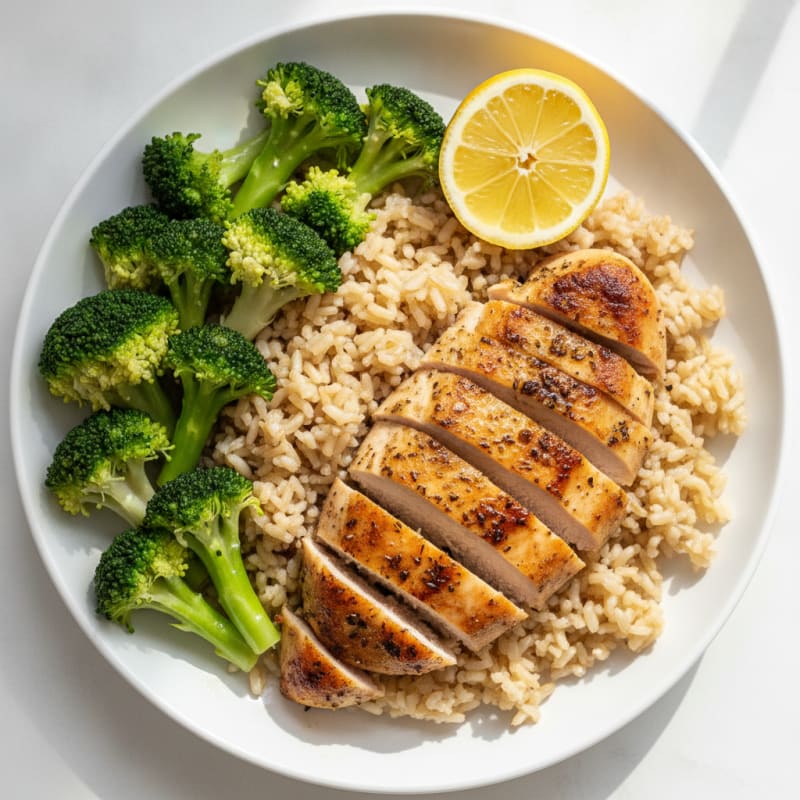 Seared Chicken Breast with Steamed Broccoli and Brown Rice