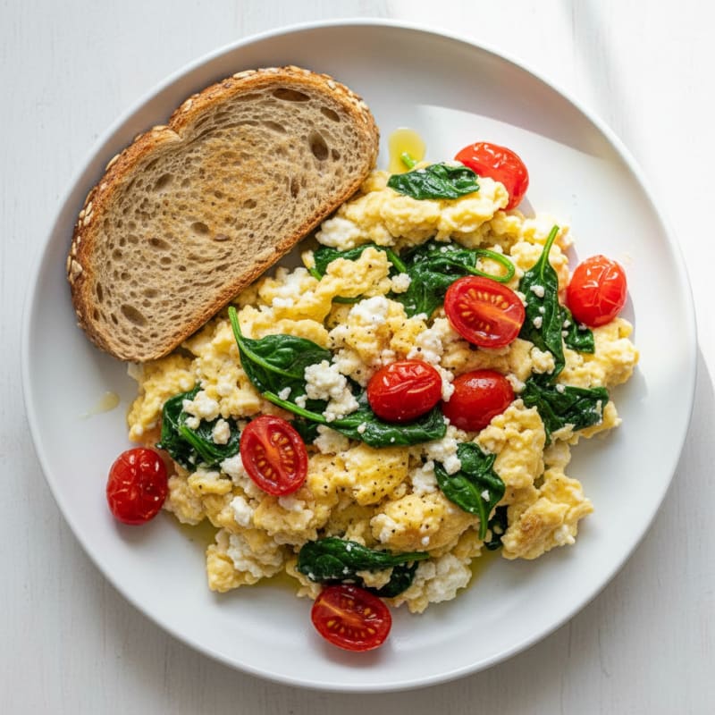 Cottage Cheese Egg Scramble with Spinach and Cherry Tomatoes