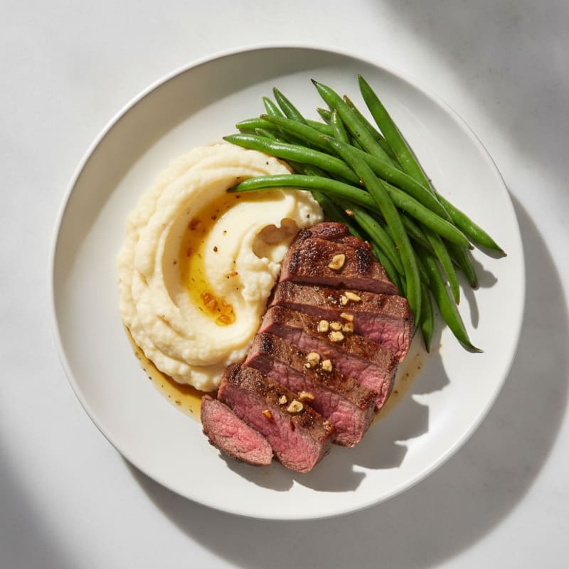 Seared Lean Beef with Steamed Green Beans and Cauliflower Mash