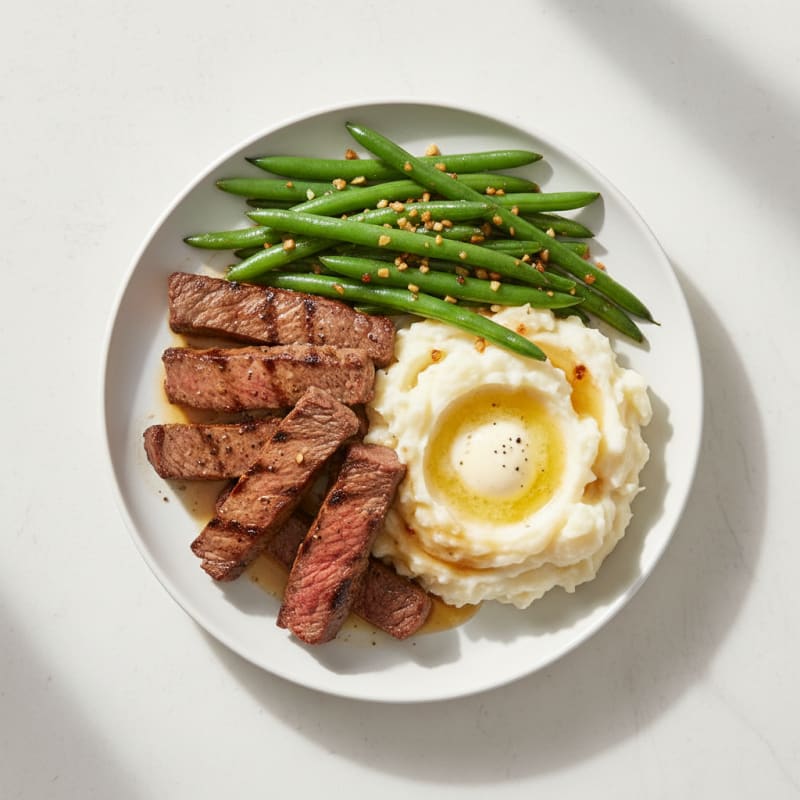 Seared Beef Strips with Garlic Green Beans and Mashed Potatoes