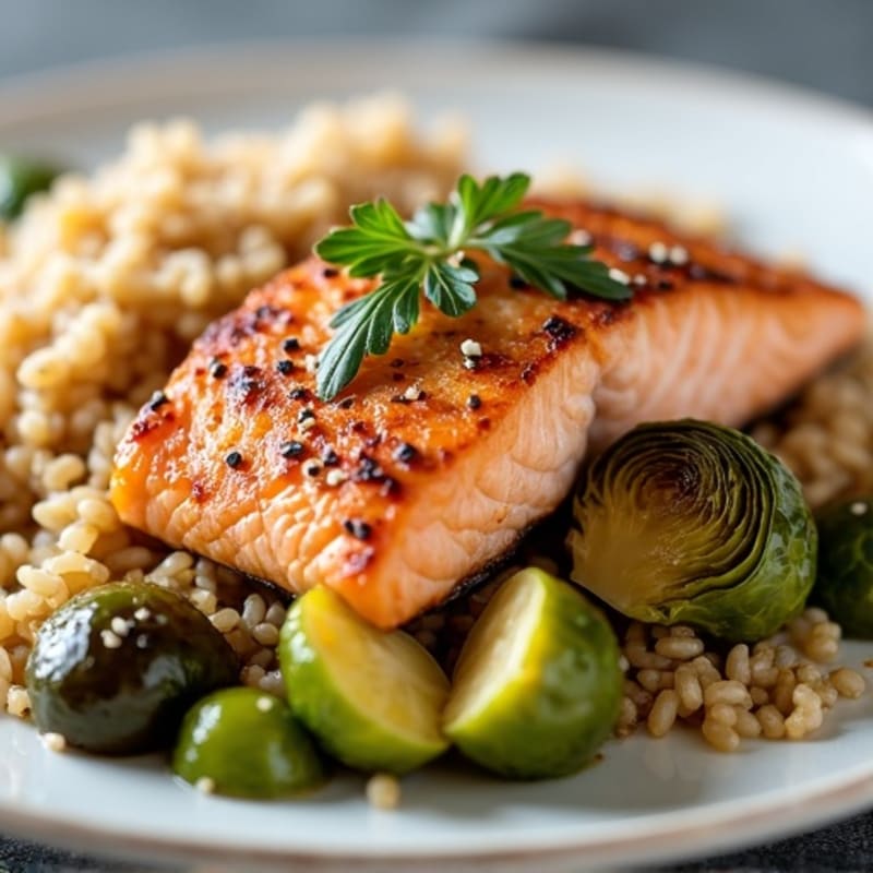 Seared Salmon with Roasted Brussels Sprouts and Brown Rice