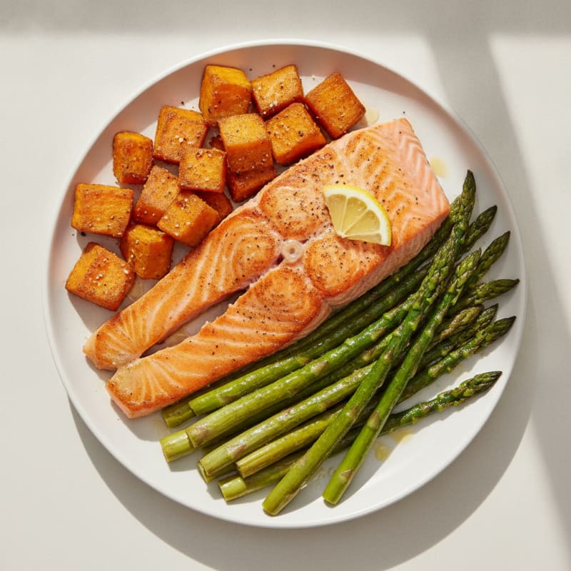 Seared Salmon with Roasted Sweet Potatoes and Asparagus