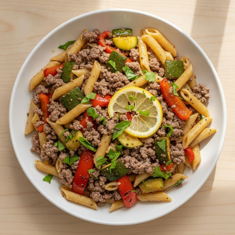 Lean Beef Pasta with Roasted Vegetables