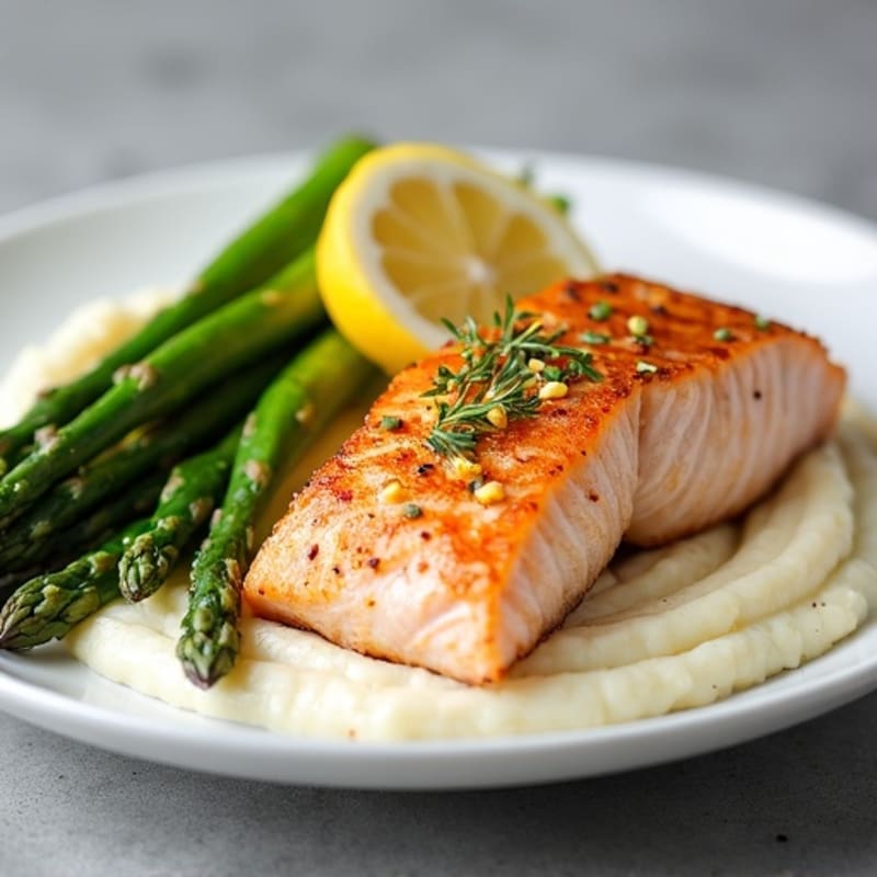 Seared Salmon with Steamed Asparagus and Cauliflower Mash