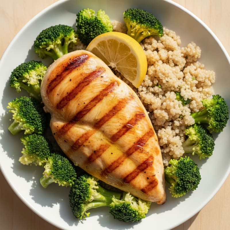 Grilled Lemon Chicken Breast with Quinoa and Steamed Broccoli