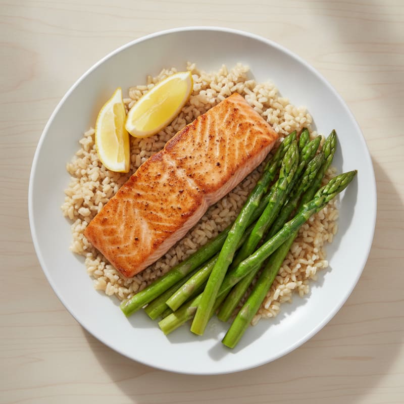 Seared Salmon with Steamed Asparagus and Brown Rice
