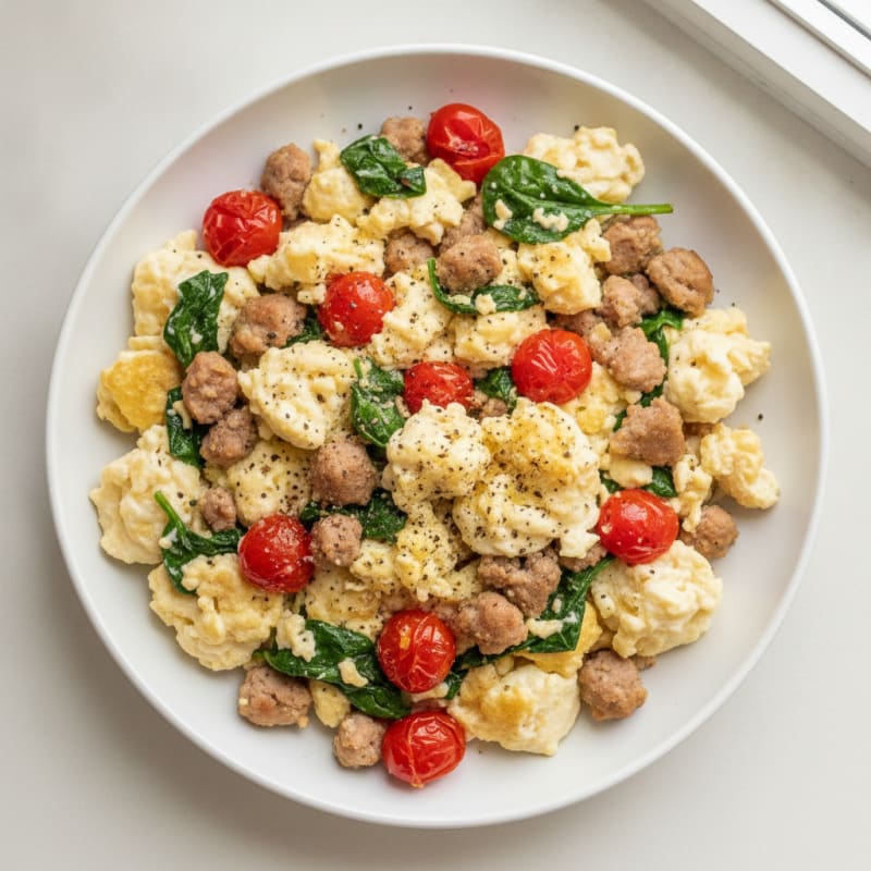 Egg White and Turkey Sausage Scramble with Spinach and Tomatoes
