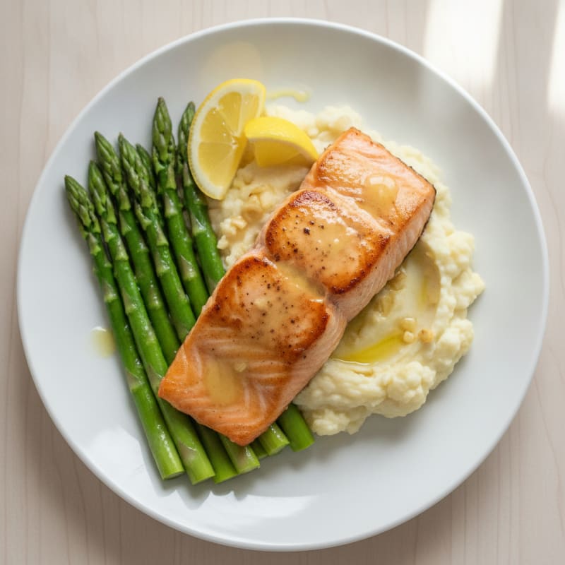 Seared Salmon Fillet with Steamed Asparagus and Mashed Cauliflower