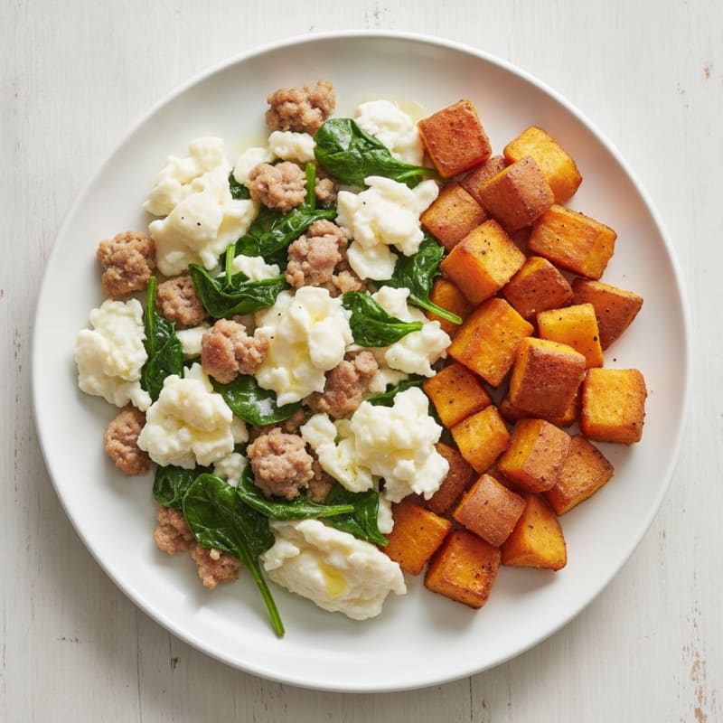 Egg White and Turkey Sausage Scramble with Spinach and Roasted Sweet Potatoes