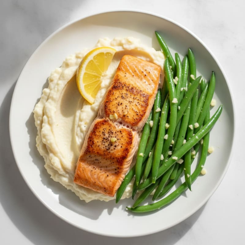 Seared Salmon with Garlic Green Beans and Cauliflower Mash