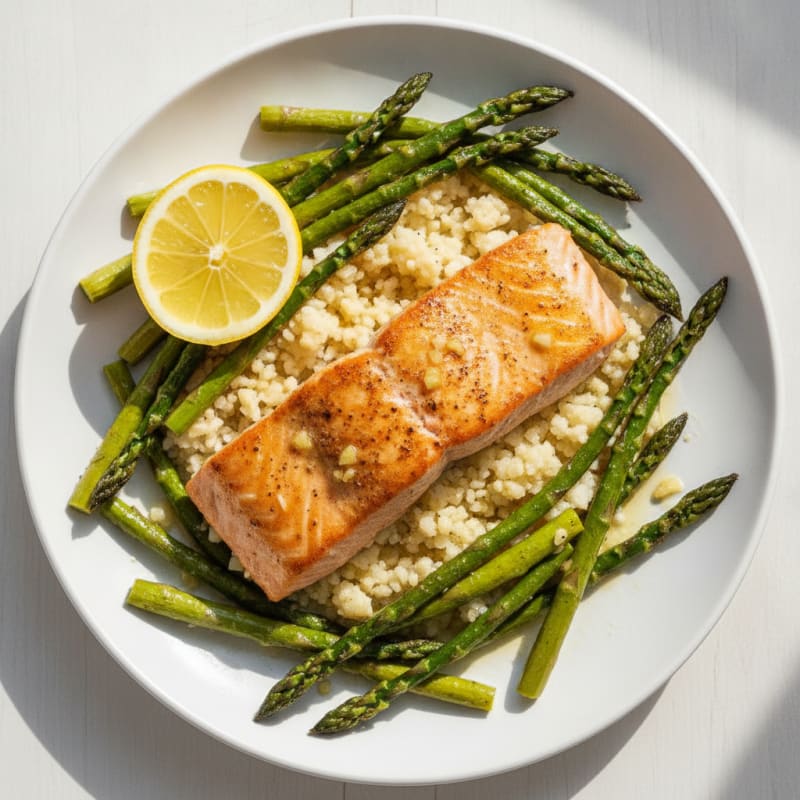 Seared Salmon with Roasted Asparagus and Cauliflower Rice